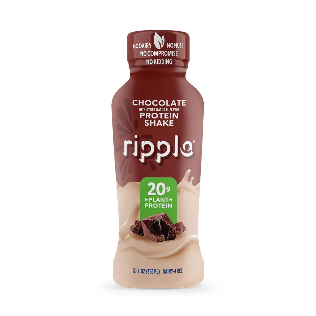 Ripple Chocolate Plant Based Protein Shake | 20g of Quality Sourced Pea Protein, Calcium Rich, Cocoa | Shelf Stable | Vegan & Non GMO | Dairy, Soy, Nut, & Gluten Free | 12 Fl Oz Bottles (Pack of 12)