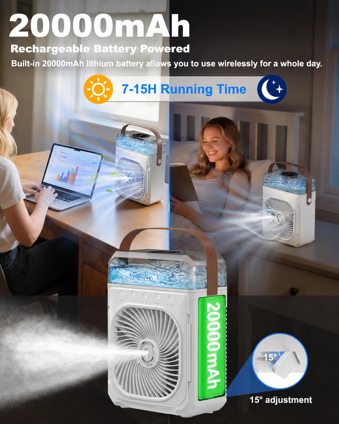 Ausic Misting Fan Portable, 20000mAh Portable Cooling Fan with 1200mL Water Tank, Outdoor Water Cooling Fan for Outside, Perfect Quite Mist Water Spray Fans for Camping Patio Home Bedroom Office