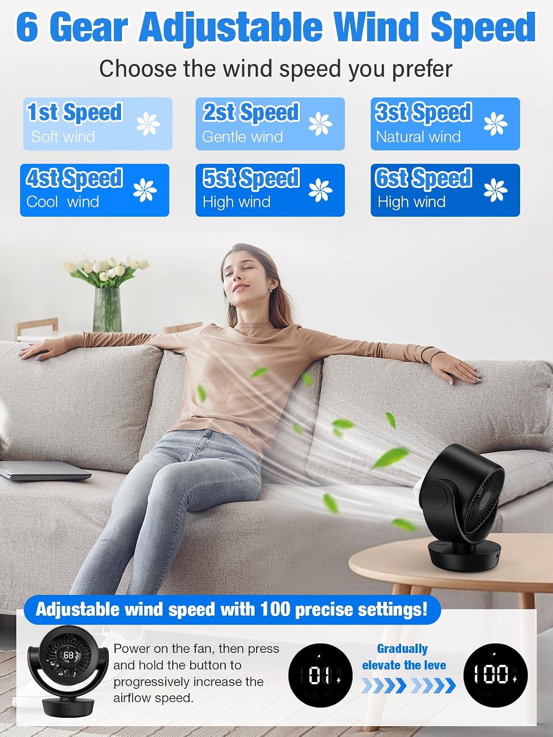 Desk Fan Air Circulator Fan Powerful Airflow 100-Speed Digital Display Low Noise Adjustable Tilt 14H Timer Remote Included Suitable for Home, Office, Travel Black