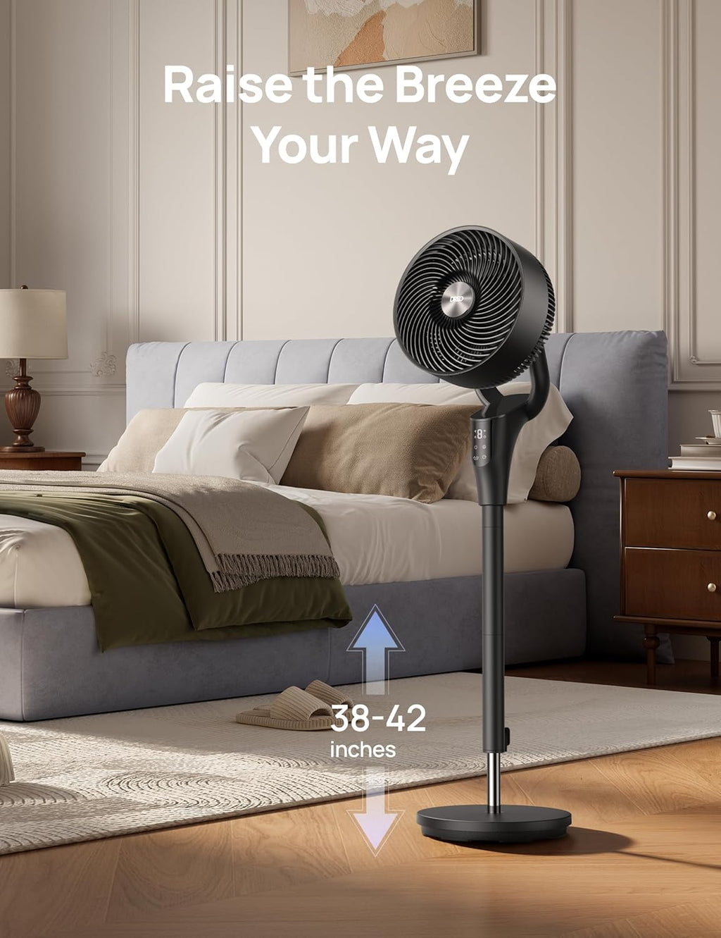 DREO Fan for Bedroom, 2026 Upgraded, 90ft Airflow, Quiet Fan, 90° Oscillating Standing Fan for Whole Room, DC Motor, 8+H Speeds, 3 Modes, 38-42'' Adjustable Height, 8H Timer, 105° Manual Vertical